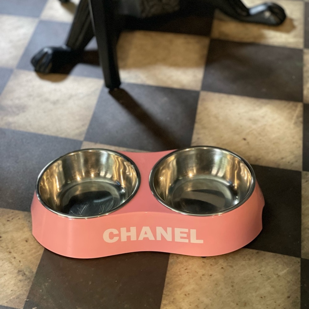 Pink Chanel Double Feeder Dog Bowl